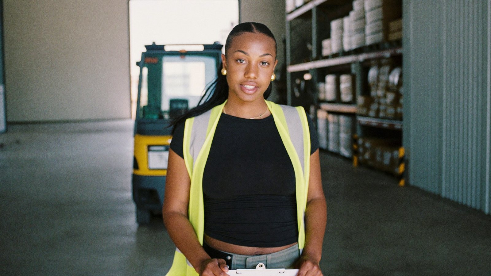 A logistics company founder in a warehouse aisle recording herself on a phone while tapping a scanner, a forklift passing behind